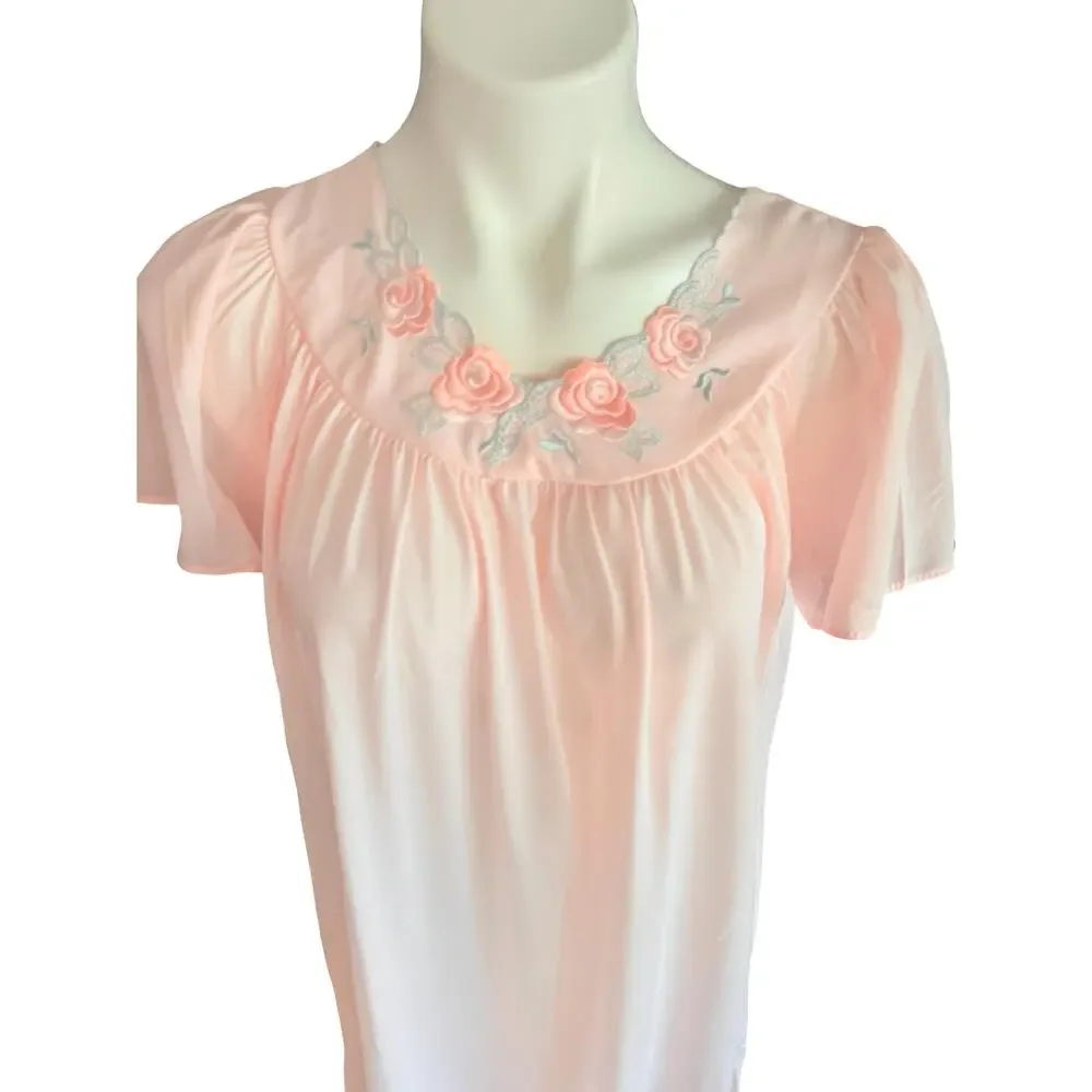 Shadowline Vintage Pink Embroidered Rose Nightgown, New Old Stock Nylon Sz S